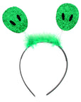 A green glitter alien ears headband with a fluffy green feather band and a black metal headband base, shown on a plain white background.