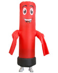 a person wearing an inflatable red tube costume on a white background.