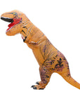 a side view of a person wearing a jumbo inflatable brown dinosaur novelty costume.