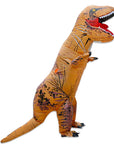 a side view of a person wearing a jumbo inflatable brown dinosaur novelty costume.