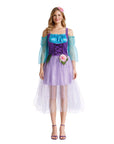 Woman wearing a costume with a purple dress and blue sleeves on a white background