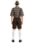 A man shown from the back wearing a traditional German-style costume consisting of a brown and beige plaid short-sleeve shirt, dark brown suspenders, dark brown shorts, white knee-high socks, and black shoes, complete with a brown hat.