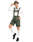 A man modeling a traditional German Lederhosen costume consisting of green embroidered suspenders, a white shirt, white knee-high socks, black dress shoes, and a gray felt hat, on a solid white background.