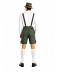 A man shown from the back wearing a traditional Austrian or Bavarian outfit consisting of green lederhosen shorts with suspenders, a white long-sleeve shirt, white knee-high socks, black shoes, and a dark green hat with a brown band, against a plain white background.