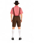 A man shown from the back wearing a traditional Austrian or Bavarian style costume consisting of a red and white gingham shirt, brown suspenders, brown shorts, white knee-high socks, and a black fedora hat, against a plain white background.