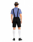 A man shown from the back wearing a traditional Bavarian-style costume consisting of a blue and white checkered short-sleeve shirt, black suspenders, black shorts, white knee-high socks, and a gray fedora hat with a thin orange band.