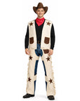 Person wearing a cowboy costume with a vest, pants, and hat on a white background