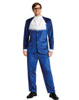 Person wearing a blue suit with a white shirt and black shoes on a white background