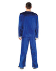 Person wearing a blue velvet suit from behind on a white background