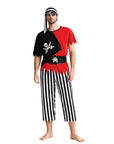 Person wearing a pirate costume with a black and red shirt, striped pants, and a bandana on a white background.