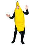 Person wearing a banana costume on a white background