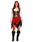 Woman wearing a pirate costume with a red bandana, white shirt, brown vest, and red skirt on a white background.