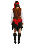 Pirate costume with brown vest, red skirt, and black boots on a white background