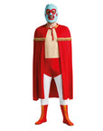 Person wearing a red superhero costume with a blue mask on a white background