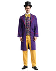 Person wearing a purple coat with red trim, yellow pants, and a black top hat on a white background