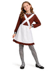 Young girl wearing a costume with a white apron, brown top, and black and white striped tights on a white background.
