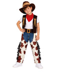 Child wearing a cowboy costume with a vest, hat, and chaps on a white background