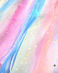 Multicolored tulle fabric with star-shaped sequins on a soft focus background