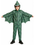 A child wearing a green dinosaur costume with textured scales, a hood with a shark-toothed mouth, and attached wing-like sleeves, standing against a plain white background.