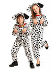 Two children modeling matching Dalmatian-print hooded one-piece costumes against a plain white background.