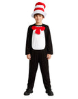 Child boy wearing a cat in the hat inspired costume with black cat jumpsuit, red bow tie and red and white stripe top hat