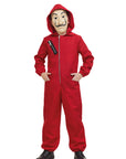 Person wearing a red jumpsuit with a mask on a white background
