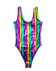 Multicolored leotard with a shiny rainbow finish on a white background