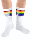 White Crew Socks with Rainbow Stripe