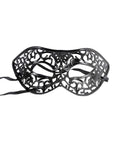 A black masquerade-style eye mask with an intricate openwork lace-like pattern and an attached black ribbon strap, shown on a plain white background.