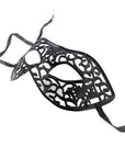 A black lace plastic masquerade mask with an intricate openwork filigree pattern, shown on a plain white background.