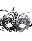A black laser-cut masquerade mask with intricate scrollwork and eye cutouts, featuring attached black ribbons, shown against a plain white background.