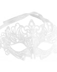 White laser-cut masquerade mask with an attached elastic strap, shown on a plain white background.