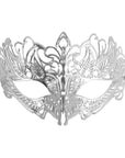 A silver metallic masquerade mask with intricate filigree and leaf-like cutout patterns, shown against a plain white background.