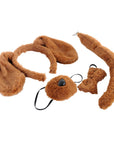 A brown furry costume accessory set on a plain white background, including bunny ears, a long tail, a plush nose mask with a black nose and black strap, and a small furry patch.