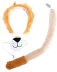 A novelty costume accessory set featuring a fluffy orange lion mane headband, a beige faux-fur tail with a silver metal clip, and a white plush lion face mask with a black nose.