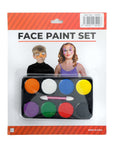 An 8-colour face paint set in retail blister packaging, featuring multiple round paint wells in orange, white, blue, yellow, purple, green, red, and black, plus a small pink-handled applicator. The package header reads 'FACE PAINT SET' with example face paint illustrations of a boy and a girl.