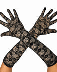 Black lace long gloves with floral patterns, shown worn on hands crossed in an X shape against a plain white background.