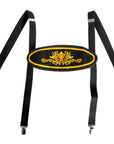 Black suspenders with silver metal clips and a black waistband featuring a yellow embroidered ornate crest, shown against a plain white background.