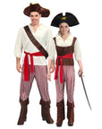 Two people in pirate costumes on a white background