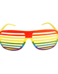 Rainbow striped sunglasses with yellow frame on a white background