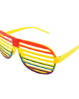 Colorful sunglasses with a rainbow design on a white background