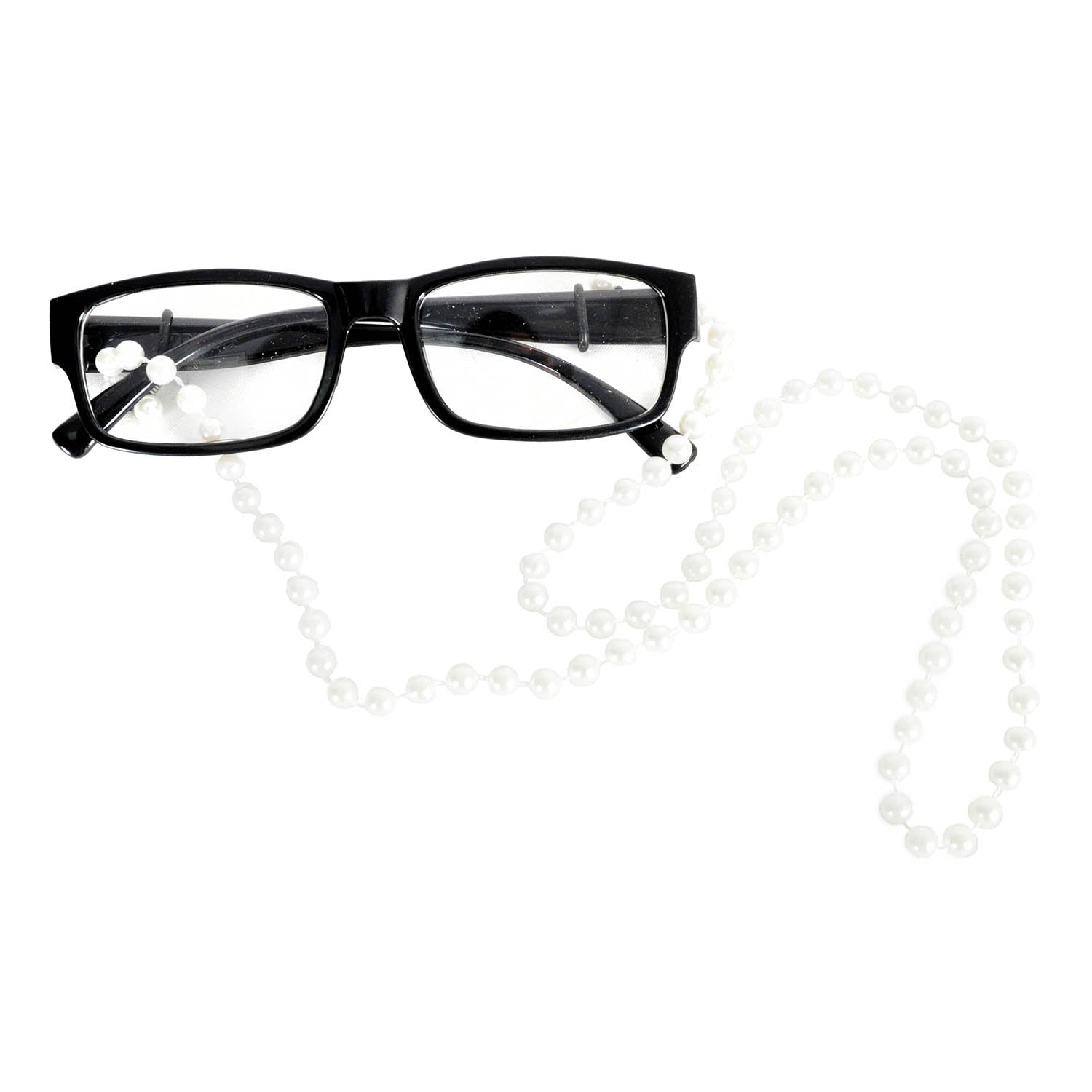 Black Rim Grandma Glasses with Pearl Chain