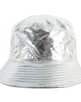 A shiny silver bucket hat with a crinkled, metallic finish on the crown and a textured, ribbed silver brim, shown against a plain white background.