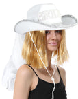 White cowboy hat with 'Bride' text and veil on a white background