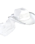 A white sequin rim bride cowboy hat with a veil, featuring 'BRIDE' written in pearly beads on the brim.