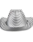 A black and silver patterned cowboy hat with a grid and wavy stripe design, shown against a plain white background.