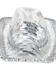A silver sequinned cowboy hat with a reflective, glittering finish, photographed against a solid white background.
