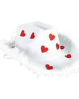 A white felt cowboy hat costume accessory with red glitter hearts and a fluffy white faux-fur trim, shown on a plain white background.