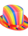 A top hat with a vibrant rainbow striped pattern and a red satin band, shown on a plain white background.