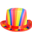 A top hat with vibrant vertical rainbow stripes in red, orange, yellow, green, blue, and pink, featuring a matching red trim and a red satin band.